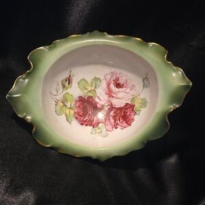 La Belle Rose Hand Painted Decorative Footed Bowl with Green Rim
